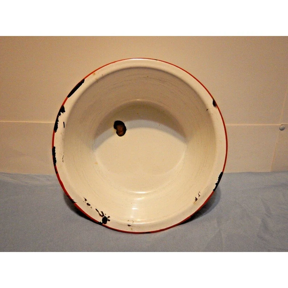Vintage Enamelware 3 Pc Lot Chamber Pot Wash Basin Bowl White Red Trim Farmhouse